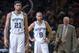 Apr 20, 2014; San Antonio, TX, USA; San Antonio Spurs forward Tim Duncan (21) and guard Tony Parker (9) and head coach Gregg Popovich during the game against the Dallas Mavericks in the first round of the 2014 NBA Playoffs at AT&T Center. The Spurs defeated the Mavericks 90-85. Mandatory Credit: Jerome Miron-USA TODAY Sports