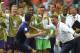 Netherlands' Robin van Persie celebrates with Netherlands' head coach Louis van Gaal after scoring a goal during the group B World Cup soccer match between Spain and the Netherlands at the Arena Ponte Nova in Salvador, Brazil, Friday, June 13, 2014. (AP Photo/Manu Fernandez)