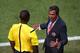 RECIFE, BRAZIL - JUNE 20: Head coach Jorge Luis Pinto of Costa Rica speaks with the fourth official during the 2014 FIFA World Cup Brazil Group D match between Italy and Costa Rica at Arena Pernambuco on June 20, 2014 in Recife, Brazil. (Photo by Michael Steele/Getty Images)