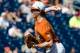 Jun 20, 2014; Omaha, NE, USA; Texas Longhorns pitcher John Curtiss (43) pitches in relief against the Vanderbilt Commodores during game eleven of the 2014 College World Series at TD Ameritrade Park Omaha. Texas defeated Vanderbilt 4-0. Mandatory Credit: Steven Branscombe-USA TODAY Sports
