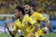 Brazil's Neymar celebrates with Hulk after Neymar scored his sides first goal during the group A World Cup soccer match between Brazil and Croatia, the opening game of the tournament, in the Itaquerao Stadium in Sao Paulo, Brazil, Thursday, June 12, 2014. (AP Photo/Felipe Dana)