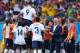 SALVADOR, BRAZIL - JUNE 20: Olivier Giroud of France celebrates with teammates after scoring his team's first goal during the 2014 FIFA World Cup Brazil Group E match between Switzerland and France at Arena Fonte Nova on June 20, 2014 in Salvador, Brazil. (Photo by Elsa/Getty Images)