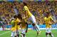 BRASILIA, BRAZIL - JUNE 23: Neymar of Brazil (L) celebrates scoring his team's first goal with Luiz Gustavo and David Luiz of Brazil during the 2014 FIFA World Cup Brazil Group A match between Cameroon and Brazil at Estadio Nacional on June 23, 2014 in Brasilia, Brazil. (Photo by Clive Brunskill/Getty Images)