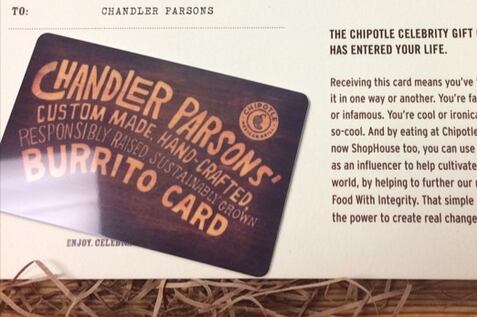 Chandler Parsons Posts His Chipotle Celebrity Card on Instagram