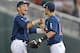 Omaha, NE - JUNE 23: Players Vince Conde (L) and Tyler Campbell (R) of the Vanderbilt Commodores celebrate after beating the Virginia Cavaliers 9-8 during game one of the College World Series Championship on June 23, 2014 at TD Ameritrade Park in Omaha, Nebraska. (Photo by Peter Aiken/Getty Images)