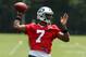 Jun 17, 2014; Florham Park, NJ, USA; New York Jets quarterback Geno Smith (7) throws a pass during minicamp at Atlantic Health Training Center. Mandatory Credit: Noah K. Murray-USA TODAY Sports