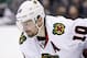 Chicago Blackhawks left wing Patrick Sharp lines up against the Los Angeles Kings during Game 6 of the Western Conference finals of the NHL hockey Stanley Cup playoffs in Los Angeles, Friday, May 30, 2014. (AP Photo/Chris Carlson)