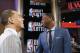 NBA draft prospects Tyler Ennis of Syracuse, left, and Andrew Wiggins of Kansas laugh before the NBA basketball draft lottery in New York, Tuesday, May 20, 2014. (AP Photo/Kathy Willens)