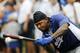 Los Angeles Dodgers' Hanley Ramirez hits the ball while waiting his turn at batting practice before a baseball game against the the Kansas City Royals at Kauffman Stadium in Kansas City, Mo., Monday, June 23, 2014. (AP Photo/Colin E. Braley)