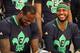 NEW ORLEANS, LA - FEBRUARY 16: LeBron James #6, Dwayne Wade #3, and Carmelo Anthony #7 of the Eastern Conference All-Stars laugh before the 2014 NBA All-Star Game at Smoothie King Center on February 16, 2014 in New Orleans, Louisiana. NOTE TO USER: User expressly acknowledges and agrees that, by downloading and/or using this photograph, user is consenting to the terms and conditions of the Getty Images License Agreement. Mandatory Copyright Notice: Copyright 2014 NBAE (Photo by Bruce Yeung/NBAE via Getty Images)