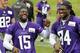 Minnesota Vikings wide receiver Greg Jennings (15) shares a laugh with wide receiver Cordarrelle Patterson (84) during an NFL organized training activity in Eden Prairie, Minn., Wednesday, June 11, 2014. (AP Photo/Ann Heisenfelt)