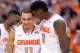 Feb 1, 2014; Syracuse, NY, USA; Syracuse Orange guard Tyler Ennis (11) and forward Jerami Grant (3) react to winning a game against the Duke Blue Devils at the at Carrier Dome. Syracuse won the game 91-89. Mandatory Credit: Mark Konezny-USA TODAY Sports