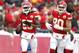 Kansas City Chiefs running back Jamaal Charles (25) celebrates a touchdown with Anthony Fasano (80) during the first half of an NFL football game at Arrowhead Stadium in Kansas City, Mo., Sunday, Dec. 22, 2013. (AP Photo/Orlin Wagner)