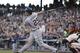 San Diego Padres' Will Venable hits a sacrifice fly off San Francisco Giants starting pitcher Tim Hudson in the third inning of their baseball game, Tuesday, June 24, 2014, in San Francisco. The Padres' Will Venable scored from third base on the play. (AP Photo/Eric Risberg)