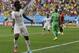 Ghana's Asamoah Gyan celebrates after scoring his side's first goal during the group G World Cup soccer match between Portugal and Ghana at the Estadio Nacional in Brasilia, Brazil, Thursday, June 26, 2014. (AP Photo/Martin Mejia)