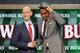 Jabari Parker of Duke poses for a photo with NBA Commissioner Adam Silver after being selected by the Milwaukee Bucks as the number two overall pick during the 2014 NBA draft, Thursday, June 26, 2014, in New York. (AP Photo/Jason DeCrow)