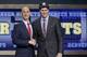 Creighton's Doug McDermott, right, poses for a photo with NBA Commissioner Adam Silver after being selected 11th overall by the Denver Nuggets during the 2014 NBA draft, Thursday, June 26, 2014, in New York. (AP Photo/Kathy Willens)