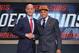 Jun 26, 2014; Brooklyn, NY, USA; Tyler Ennis (Syracuse) shakes hands with NBA commissioner Adam Silver after being selected as the number eighteen overall pick to the Phoenix Suns in the 2014 NBA Draft at the Barclays Center. Mandatory Credit: Brad Penner-USA TODAY Sports