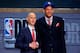 NEW YORK, NY - JUNE 26: Isaiah Austin of Baylor (R) shakes hands with NBA Commissioner Adam Silver as he is honored on stage during the 2014 NBA Draft at Barclays Center on June 26, 2014 in the Brooklyn borough of New York City. NOTE TO USER: User expressly acknowledges and agrees that, by downloading and/or using this Photograph, user is consenting to the terms and conditions of the Getty Images License Agreement. (Photo by Mike Stobe/Getty Images)
