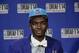 BROOKLYN - JUNE 26: Noah Vonleh of the Charlotte Hornets, the Number nine pick in the 2014 NBA Draft speaks with the media on June 26, 2014 at the Barclays Center in Brooklyn New York. NOTE TO USER: User expressly acknowledges and agrees that, by downloading and/or using this photograph, user is consenting to the terms and conditions of the Getty Images License Agreement. Mandatory Copyright Notice: Copyright 2014 NBAE (Photo by Steve Freeman/NBAE via Getty Images)