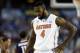 Apr 5, 2014; Arlington, TX, USA; Florida Gators center Patric Young (4) reacts in the second half against the Connecticut Huskies during the semifinals of the Final Four in the 2014 NCAA Mens Division I Championship tournament at AT&T Stadium. Mandatory Credit: Bob Donnan-USA TODAY Sports