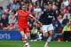 SOUTHAMPTON, ENGLAND - MAY 11: (L-R) Luke Shaw of Southampton holds off Chris Smalling of Manchester United during the Barclays Premier League match between Southampton and Manchester United at St Mary's Stadium on May 11, 2014 in Southampton, England. (Photo by Mike Hewitt/Getty Images)