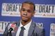 Connecticut's Shabazz Napier answers questions during an interview after Charlotte Hornets, who drafted him 24th overall traded him to Miami during the 2014 NBA draft, Thursday, June 26, 2014, in New York. (AP Photo/Jason DeCrow)