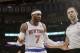 New York Knicks' Carmelo Anthony (7) argues a call during the second half of an NBA basketball game against the Brooklyn Nets Wednesday, April 2, 2014, in New York. The Knicks won the game 110-81. (AP Photo/Frank Franklin II)