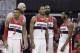 Washington Wizards (l-r) Bradley Beal, Marcin Gortat, Trevor Ariza, Nene, and John Wall stand on the court during a break in the action during the first half of Game 3 of an Eastern Conference semifinal NBA basketball playoff game against the Indiana Pacers in Washington, Friday, May 9, 2014. (AP Photo/Alex Brandon)