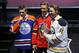 From left, Edmonton Oilers' Leon Draisaitl, Florida Panthers' Aaron Ekblad and Buffalo Sabres' Sam Reinhart pose for photographs during the first round of the NHL hockey draft, Friday, June 27, 2014, in Philadelphia. (AP Photo/Matt Slocum)