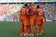 Dutch players celebrate scoring their side's second goal during the group B World Cup soccer match between the Netherlands and Chile at the Itaquerao Stadium in Sao Paulo, Brazil, Monday, June 23, 2014. (AP Photo/Frank Augstein)