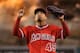 ANAHEIM, CA - JUNE 09: Pitcher Ernesto Frieri #49 of the Los Angeles Angels of Anaheim celebrates after getting the last out in the ninth inning against the Oakland Athletics during the MLB game at Angel Stadium of Anaheim on June 9, 2014 in Anaheim, California. The Angels defewated the Athletics 4-1. (Photo by Victor Decolongon/Getty Images)
