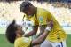 Brazil's David Luiz, left, and Neymar celebrate after Brazil's opening goal during the World Cup round of 16 soccer match between Brazil and Chile at the Mineirao Stadium in Belo Horizonte, Brazil, Saturday, June 28, 2014. (AP Photo/Martin Meissner)