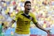 Colombia's James Rodriguez celebrates after scoring his side's first goal during the group C World Cup soccer match between Colombia and Ivory Coast at the Estadio Nacional in Brasilia, Brazil, Thursday, June 19, 2014. (AP Photo/Fernando Llano)