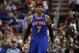 New York Knicks' Carmelo Anthony in action during an NBA basketball game against the Philadelphia 76ers, Friday, March 21, 2014, in Philadelphia. (AP Photo/Matt Slocum)