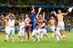 FORTALEZA, BRAZIL - JUNE 24: Greece celebrate after defeating the Ivory Coast 2-1 during the 2014 FIFA World Cup Brazil Group C match between Greece and the Ivory Coast at Castelao on June 24, 2014 in Fortaleza, Brazil. (Photo by Laurence Griffiths/Getty Images)