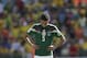 Mexico's Diego Reyes reacts after the World Cup round of 16 soccer match between the Netherlands and Mexico at the Arena Castelao in Fortaleza, Brazil, Sunday, June 29, 2014. The Netherlands won the match 2-1.(AP Photo/Marcio Jose Sanchez)