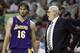 Los Angeles Lakers coach Phil Jackson talks to Pau Gasol (16) during a time out in Game 2 of the NBA basketball finals against the Boston Celtics Sunday, June 8, 2008, in Boston. (AP Photo/Winslow Townson)