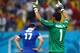 RECIFE, BRAZIL - JUNE 29: Keylor Navas of Costa Rica reacts after saving the penalty kick of Theofanis Gekas of Greece during the 2014 FIFA World Cup Brazil Round of 16 match between Costa Rica and Greece at Arena Pernambuco on June 29, 2014 in Recife, Brazil. (Photo by Quinn Rooney/Getty Images)