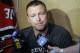New Jersey Devils goaltender Martin Brodeur talks to the media as the NHL hockey team clean out their lockers Monday, April 14, 2014, in Newark, N.J. (AP Photo/Bill Kostroun)