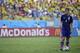 Japan's Keisuke Honda prepares to shoot a free kick during the group C World Cup soccer match between Japan and Colombia at the Arena Pantanal in Cuiaba, Brazil, Tuesday, June 24, 2014. (AP Photo/Felipe Dana)