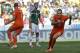 Netherlands' Wesley Sneijder, right, celebrates after scoring his side's first goal during the World Cup round of 16 soccer match between the Netherlands and Mexico at the Arena Castelao in Fortaleza, Brazil, Sunday, June 29, 2014. (AP Photo/Natacha Pisarenko)