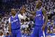 Los Angeles Clippers guard Chris Paul (3) high fives teammate Jamal Crawford (11) in the second quarter of Game 2 of the Western Conference semifinal NBA basketball playoff series against the Oklahoma City Thunder in Oklahoma City, Wednesday, May 7, 2014. (AP Photo/Sue Ogrocki)