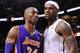 Feb 10, 2013; Miami, FL, USA; Los Angeles Lakers shooting guard Kobe Bryant (24) and Miami Heat small forward LeBron James (6) during the first half at American Airlines Arena. Mandatory Credit: Steve Mitchell-USA TODAY Sports