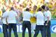 BELO HORIZONTE, BRAZIL - JUNE 28: Thiago Silva of Brazil celebrates with coaching staff after defeating Chile in a penalty shootout during the 2014 FIFA World Cup Brazil round of 16 match between Brazil and Chile at Estadio Mineirao on June 28, 2014 in Belo Horizonte, Brazil. (Photo by Buda Mendes/Getty Images)