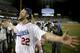 Los Angeles Dodgers starting pitcher Clayton Kershaw celebrates his no-hitter against the Colorado Rockies after a baseball game in Los Angeles, Wednesday, June 18, 2014. Kershaw struck out a career-high 15 batters. (AP Photo/Chris Carlson)