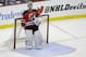New Jersey Devils goalie Martin Brodeur stands in goal late in the third period of an NHL hockey game against the Boston Bruins in Newark, N.J., Sunday, April 13, 2014. The Devils won 3-2. (AP Photo/Mel Evans)