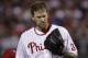Philadelphia Phillies' pitcher A.J. Burnett walks off the mound to confer with catcher Carlos Ruiz in the fourth inning of a baseball game against the Washington Nationals, Saturday, May 3, 2014, in Philadelphia. (AP Photo/Laurence Kesterson)