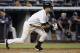 New York Yankees Derek Jeter grounds out for the final out in the Yankees 12-inning, 4-3 loss to the Tampa Bay Rays in a baseball game at Yankee Stadium in New York, Monday, June 30, 2014. (AP Photo/Kathy Willens)