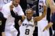 SAN ANTONIO, TX - JUNE 15: Patty Mills #8 of the San Antonio Spurs celebrates after defeating the Miami Heat in Game Five of the 2014 NBA Finals at the AT&T Center on June 15, 2014 in San Antonio, Texas. NOTE TO USER: User expressly acknowledges and agrees that, by downloading and or using this photograph, User is consenting to the terms and conditions of the Getty Images License Agreement. (Photo by Chris Covatta/Getty Images)